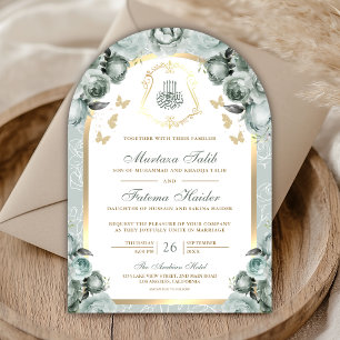 Invitation Mariage Musulman Floral Vert Sauge Arc d'Or