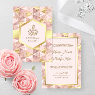 Invitation Mariage Musulman Hexagone Géométrique Rose Moderne