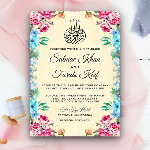 Invitation Mariage musulman islamique aux fleurs roses et sar