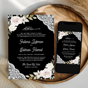 Invitation Mariage Musulman Islamique Dentelle Roses Noir Bla