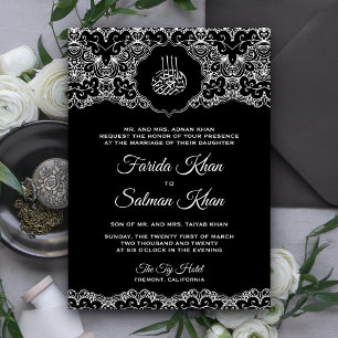 Invitation Mariage Musulman Islamique en Dentelle Noir et Bla