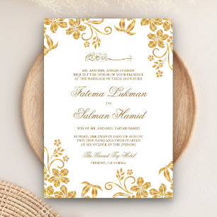 Invitation Mariage Musulman Islamique Floral Blanc et Or