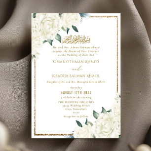 Invitation Mariage Musulman Islamique Floral Blanc Paillettes
