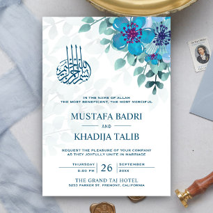Invitation Mariage Musulman Islamique Floral Bleu Océan Moder