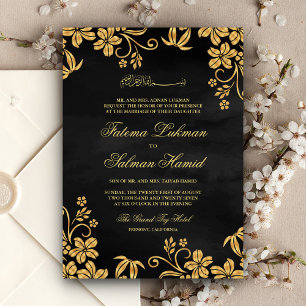 Invitation Mariage musulman islamique floral or noir
