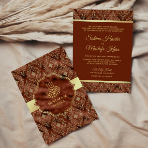 Invitation Mariage Musulman Islamique Orange Rouille Damassé 