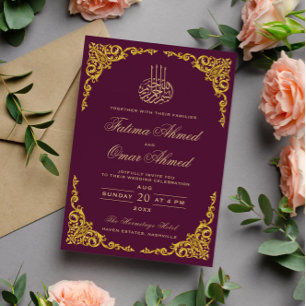 Invitation Mariage musulman islamique sangria à bordure dorée