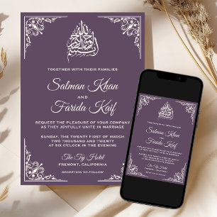 Invitation Mariage Musulman Islamique Violet Poussiéreux Crèm