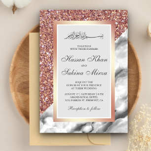 Invitation Mariage Musulman Marbre Blanc Gris Paillettes Or R