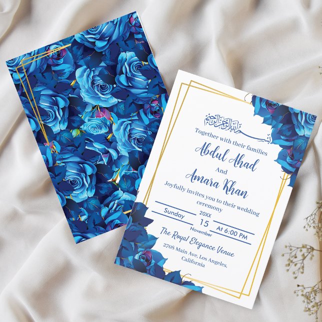 Invitation Mariage musulman moderne Floral Navy bleu et or (Créateur téléchargé)