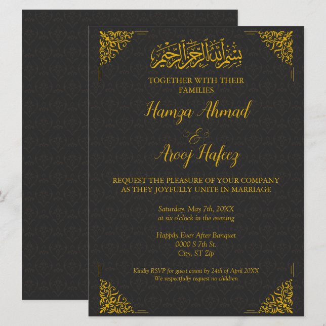 Invitation Mariage musulman musulman moderne Black & Gold (Devant / Derrière)