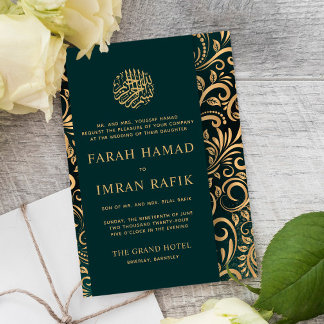 Invitation Mariage musulman musulman Motif orné d'or vert