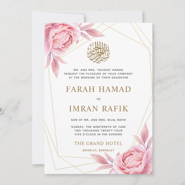 Invitation Mariage musulman musulman rose Floral (Devant)