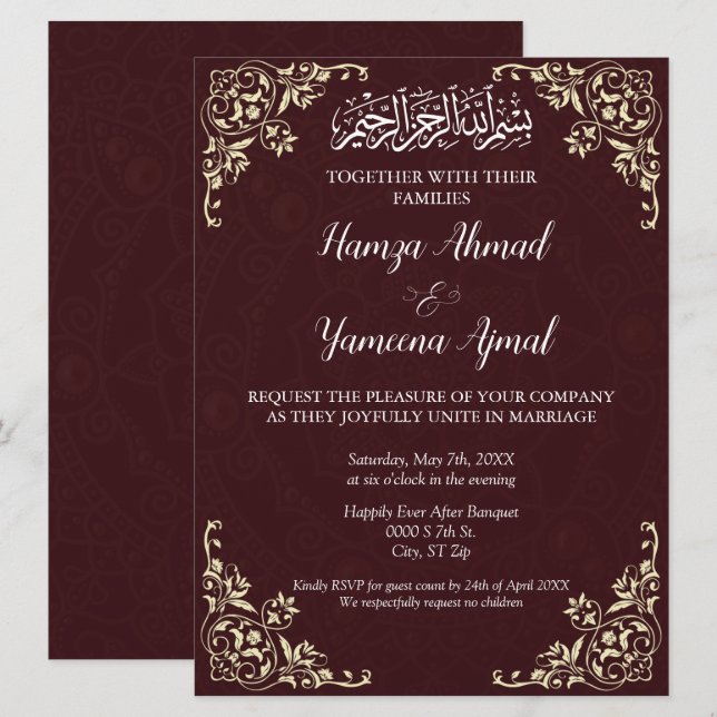 Invitation Mariage musulman musulman rouge moderne (Devant / Derrière)