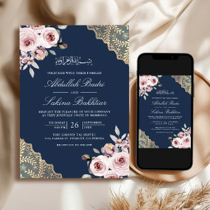 Invitation Mariage musulman Navy Code QR Broderie en Or Rose