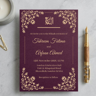 Invitation Mariage musulman Nikkah floral bordeaux et or prun