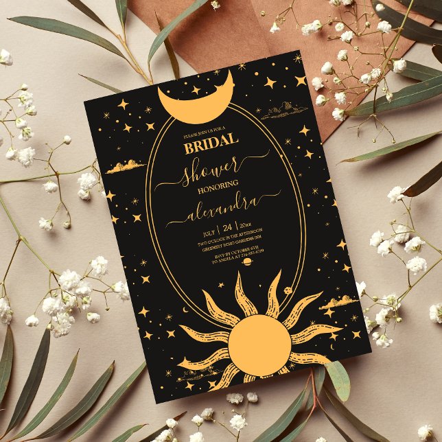 Invitation Mariage mystique de la Lune de Soleil Noir et Or (Créateur téléchargé)
