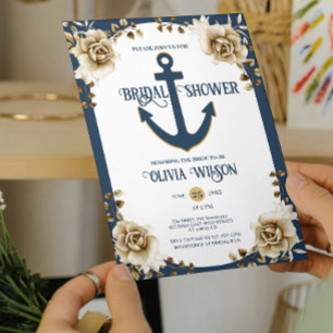 Invitation Mariage Naissant Thème Nautique Ancre Bleu Or Flor
