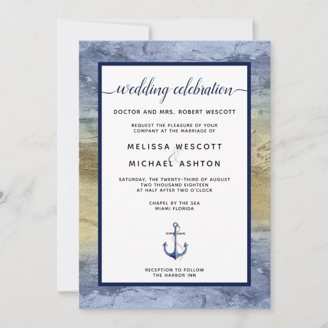 Invitation Mariage Nautical Blue & Gold Event / Floride (Devant)