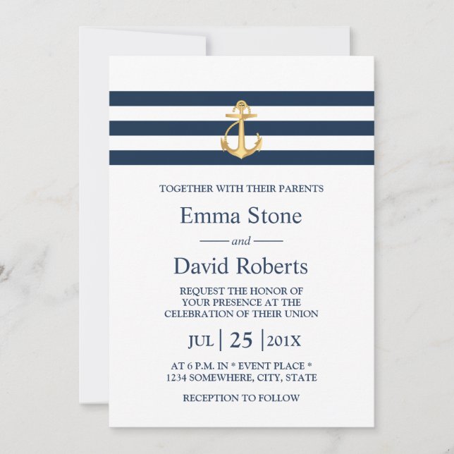 Invitation Mariage nautique Ancre d'or (Devant)