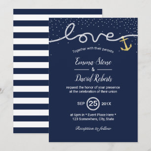 Invitation Mariage nautique Attache Ancre noeud bleu marine
