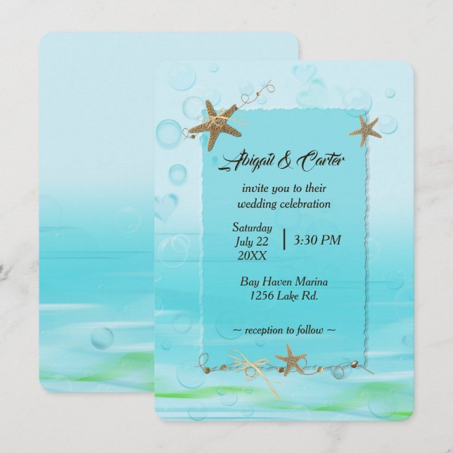 Invitation Mariage nautique avec Starfish et bulles (Devant / Derrière)