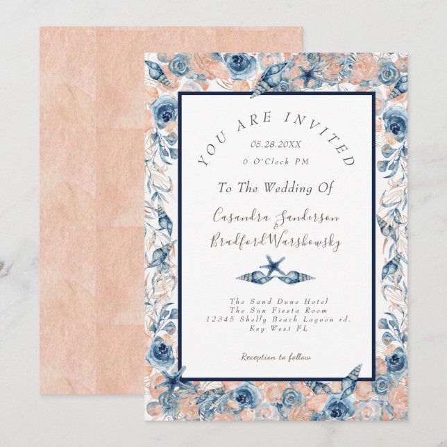 Invitation Mariage nautique  Beach Sea Shell Flowers Rose LT (Devant / Derrière)