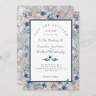 Invitation Mariage nautique Beach Seashell Fleurs Rose Gris