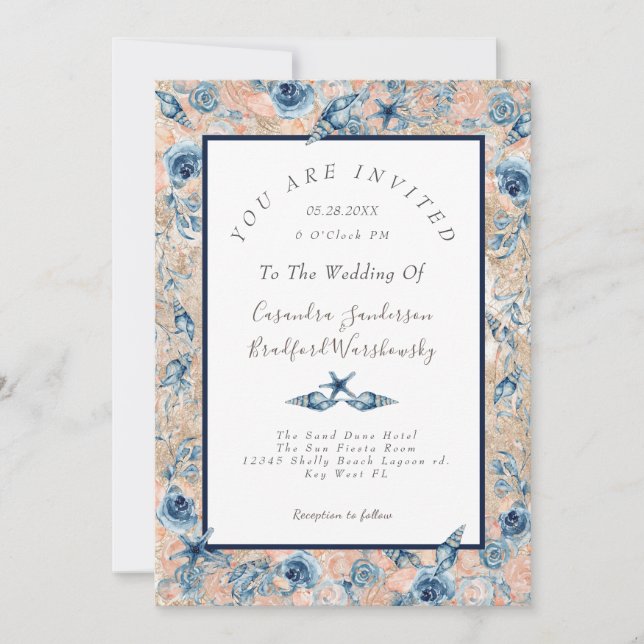 Invitation Mariage nautique  Beach Seashell Fleurs Roses mer (Devant)