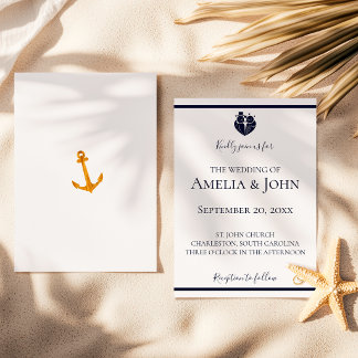 Invitation Mariage Nautique Blanc Doré Bleu Marine Côtière