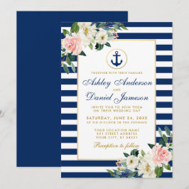 Invitation Mariage nautique Bleu rayures blanc rose floral