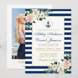 Invitation Mariage nautique Bleu Stripes Floral Photo