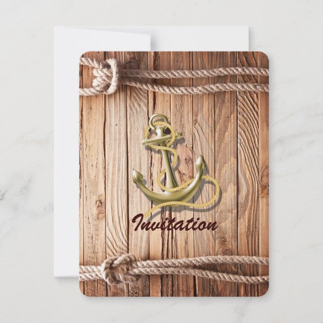 Invitation mariage nautique bois quai bateau ancre (Devant)