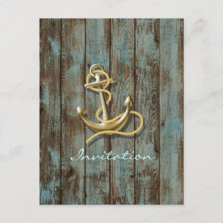 Invitation mariage nautique bois quai bleu plage ancre