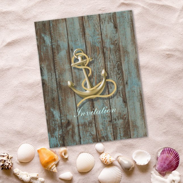 Invitation mariage nautique bois quai bleu plage ancre (Créateur téléchargé)