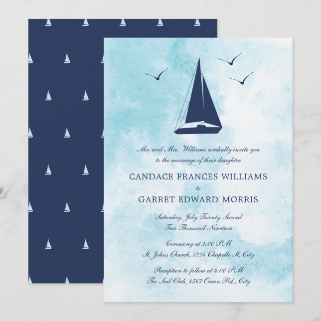 Invitation Mariage nautique de bateau à voile (Devant / Derrière)