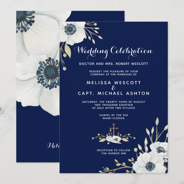 Invitation Mariage nautique de la marine blanche (Devant / Derrière)