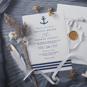 Invitation Mariage Nautique Élégant Moderne Bleu Marine Ancre
