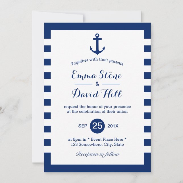 Invitation Mariage nautique Marine Ancre bleue et rayures (Devant)