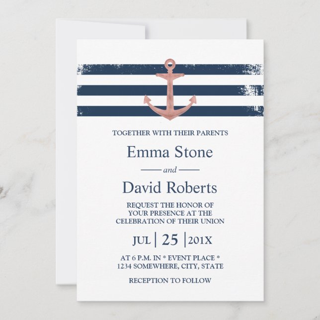 Invitation Mariage nautique Rose Ancre d'or Stripes de marine (Devant)