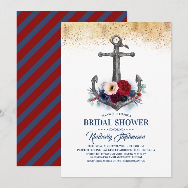 Invitation Mariage naval Fleurs d'ancre Burgundy (Devant / Derrière)
