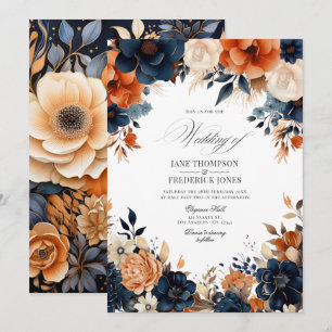 Invitation Mariage Navy Blue, Burnt Orange et Champagne