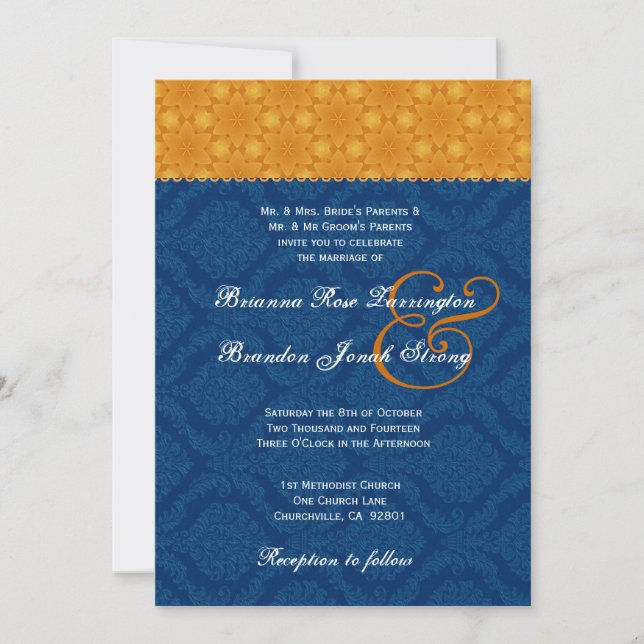 Invitation Mariage Navy Blue Damask and Gold Stars S200 (Devant)