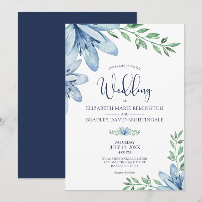 Invitation Mariage Navy Blue & Dusty Blue Blooms (Devant / Derrière)