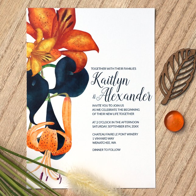 Invitation Mariage Navy Blue, Gold, Lys de tigre orange (Orange Blue Fall Flowers Wedding Invitations, Gold and Orange Tiger Lilies, Blue Calla Lilies)