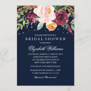 Invitation Mariage Navy Bourgogne Fleurs Paillettes