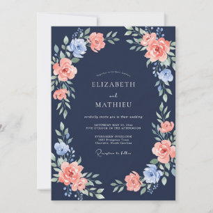 Invitation Mariage Navy Coral Feuillu