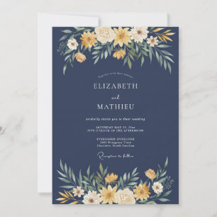 Invitation Mariage Navy Fleur Jaune Flourish