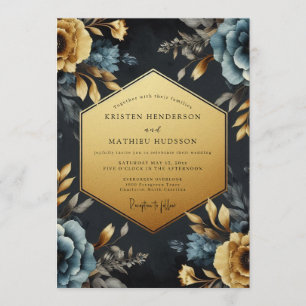 Invitation Mariage Navy Gold Baroque Bloom