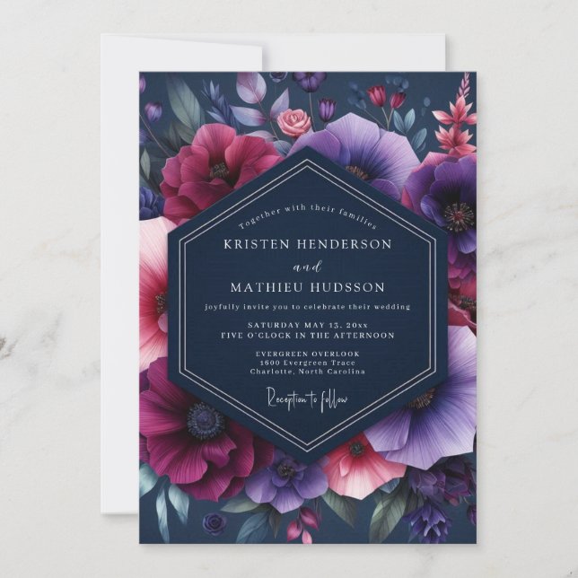 Invitation Mariage Navy Magenta Dramatic Bloom (Devant)